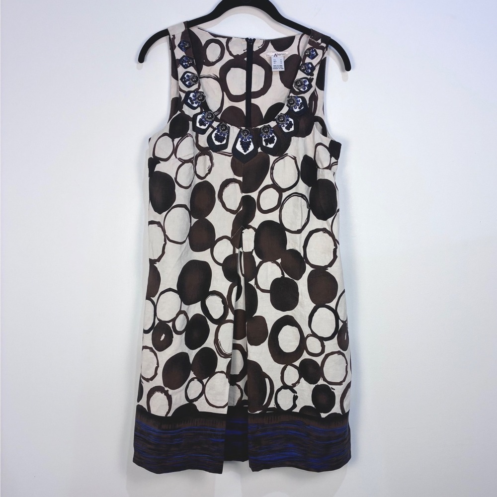 Kensie Shift Dress Silk Linen Beaded Abstract Dot Brown‎ Blue Mod Retro Med